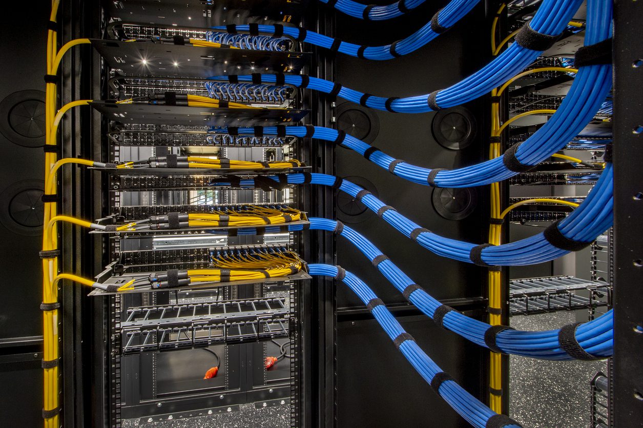 Server Room Wiring Fiber Optic and Cat 6 wiring in a server room.